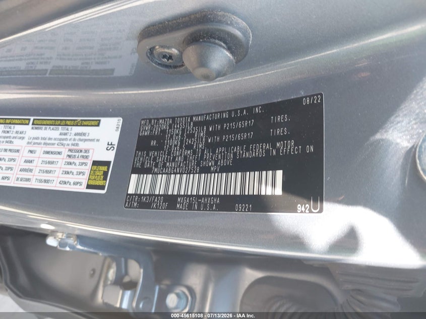 2022 Toyota Corolla Cross Le VIN: 7MUCAABG4NV027528 Lot: 45615108