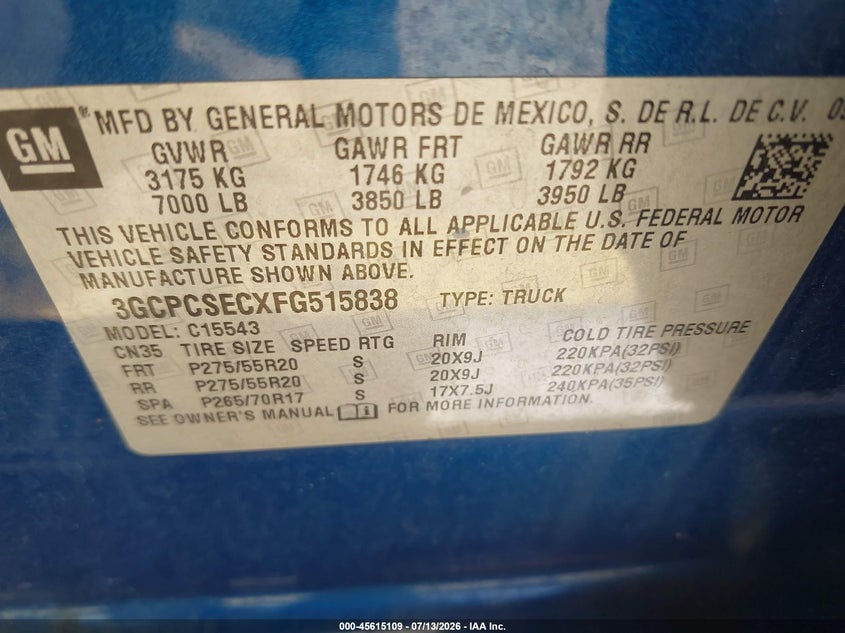 2015 Chevrolet Silverado 1500 Ltz VIN: 3GCPCSECXFG515838 Lot: 45615109