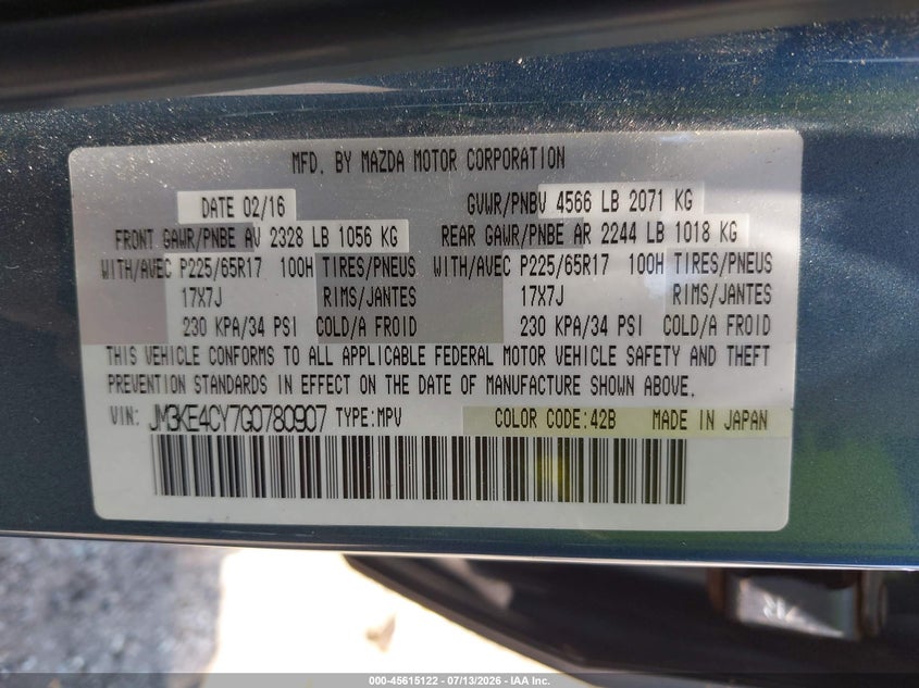 2016 Mazda Cx-5 Touring VIN: JM3KE4CY7G0780907 Lot: 45615122