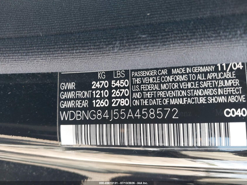 2005 Mercedes-Benz S 500 4Matic VIN: WDBNG84J55A458572 Lot: 45615131