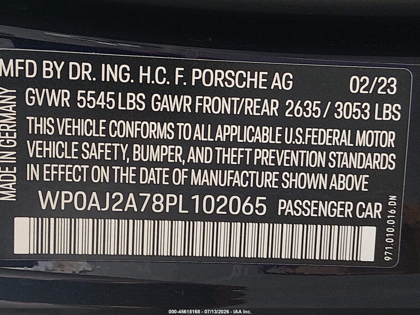 2023 Porsche Panamera 4/4 Platinum Edition/Platinum Edition VIN: WP0AJ2A78PL102065 Lot: 45615168