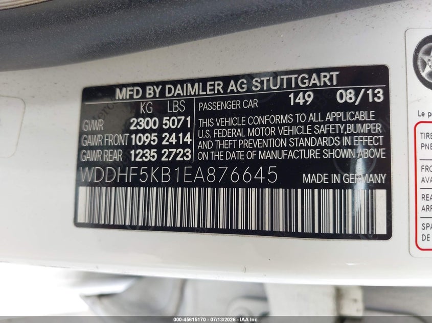 2014 Mercedes-Benz E 350 VIN: WDDHF5KB1EA876645 Lot: 45615170