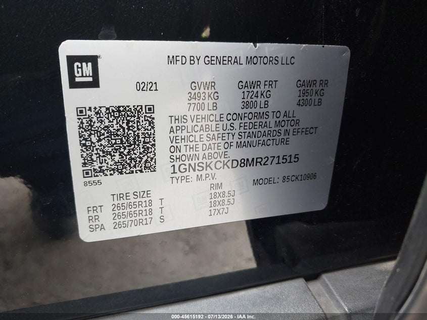 2021 Chevrolet Suburban 4Wd Lt VIN: 1GNSKCKD8MR271515 Lot: 45615192