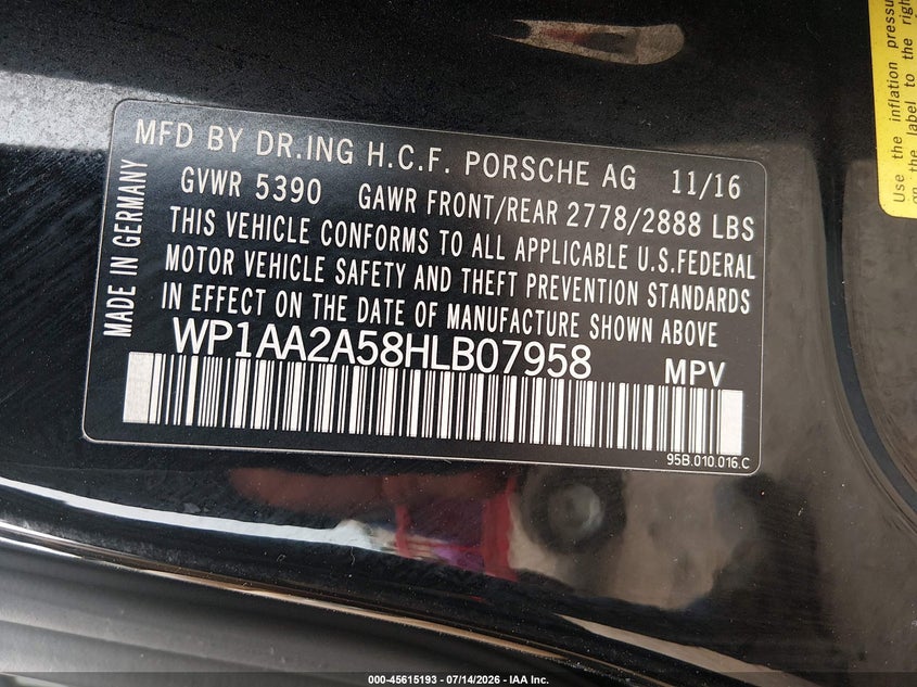 2017 Porsche Macan VIN: WP1AA2A58HLB07958 Lot: 45615193