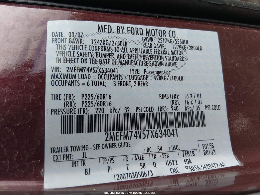 2007 Mercury Grand Marquis Gs VIN: 2MEFM74V57X634041 Lot: 45615196