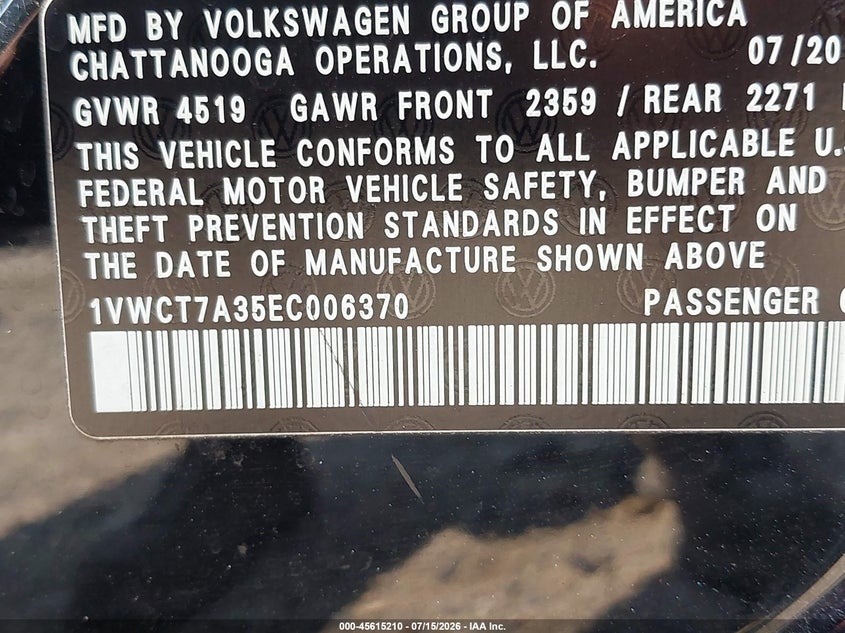 2014 Volkswagen Passat 1.8T Sel Premium VIN: 1VWCT7A35EC006370 Lot: 45615210