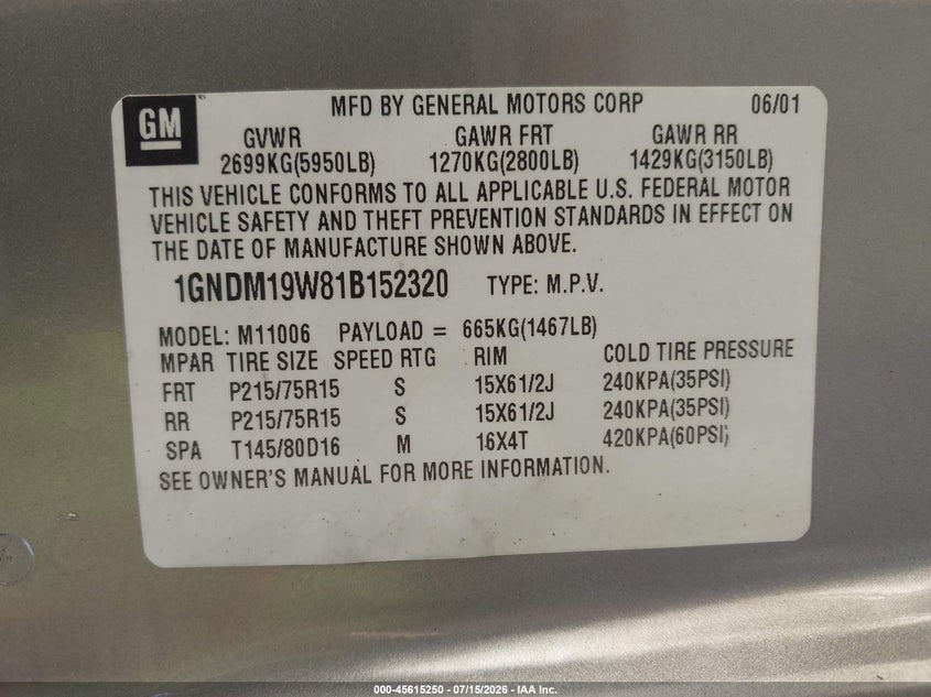 2001 Chevrolet Astro Ls VIN: 1GNDM19W81B152320 Lot: 45615250