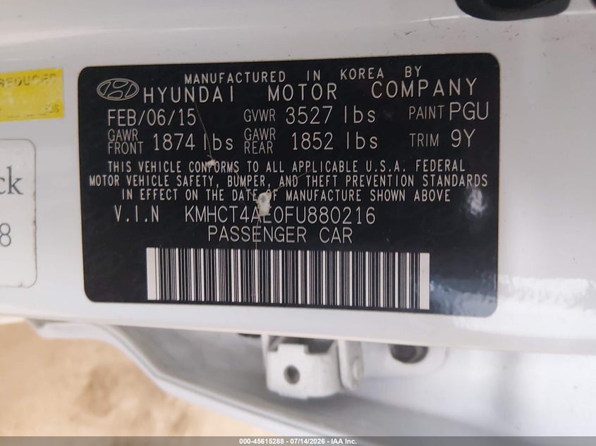 2015 Hyundai Accent Gls VIN: KMHCT4AE0FU880216 Lot: 45615288