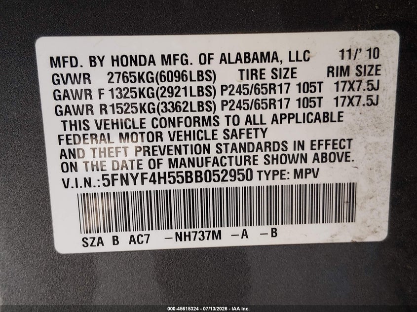 2011 Honda Pilot Ex-L VIN: 5FNYF4H55BB052950 Lot: 45615324