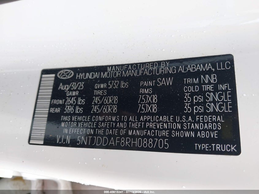 2024 Hyundai Santa Cruz Xrt VIN: 5NTJDDAF8RH088705 Lot: 45615341