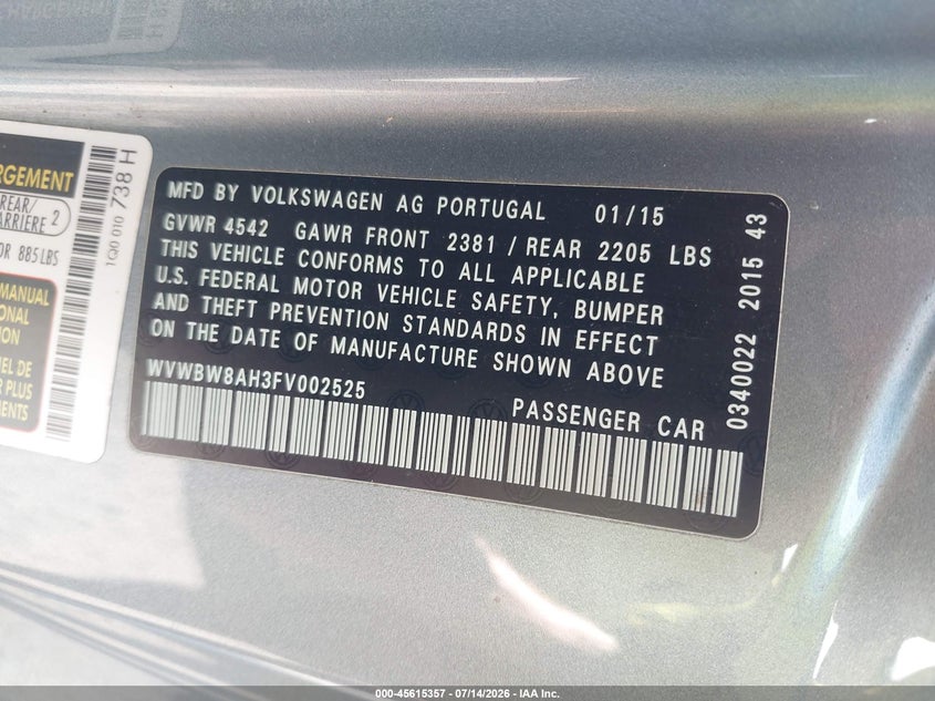 2015 Volkswagen Eos Komfort Edition VIN: WVWBW8AH3FV002525 Lot: 45615357