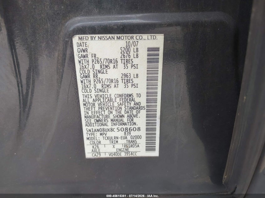 2008 Nissan Xterra S VIN: 5N1AN08UX8C508608 Lot: 45615381