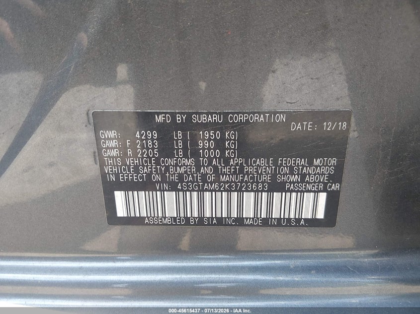 2019 Subaru Impreza 2.0I Sport VIN: 4S3GTAM62K3723683 Lot: 45615437