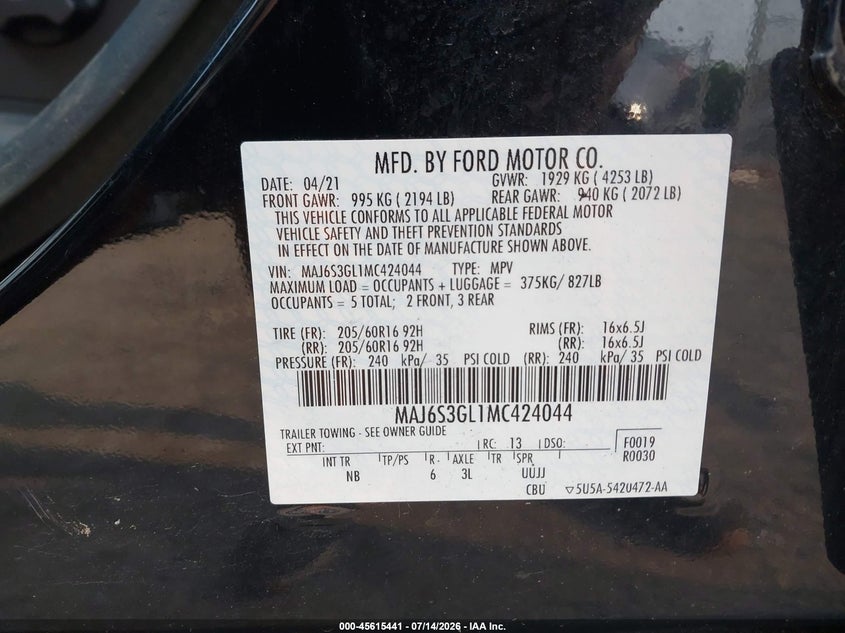 2021 Ford Ecosport Se VIN: MAJ6S3GL1MC424044 Lot: 45615441