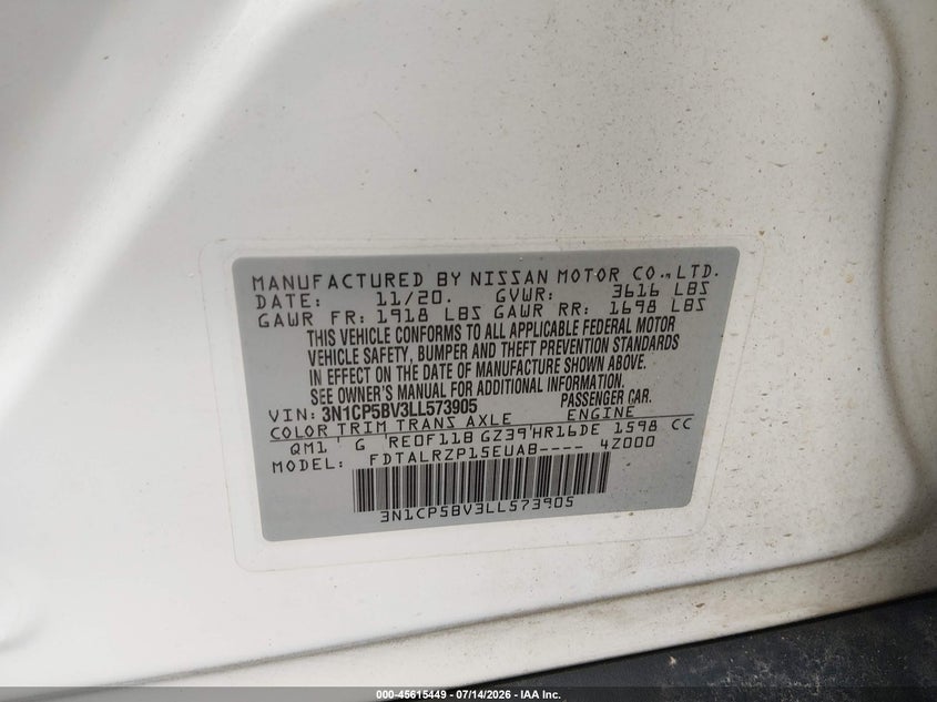 2020 Nissan Kicks S Xtronic Cvt VIN: 3N1CP5BV3LL573905 Lot: 45615449