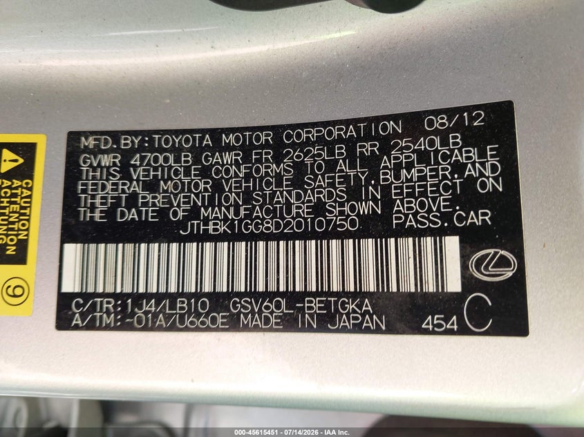 2013 Lexus Es 350 VIN: JTHBK1GG8D2010750 Lot: 45615451