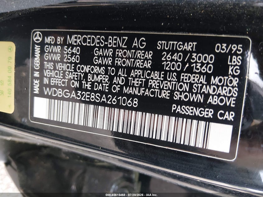 1995 Mercedes-Benz S 320W VIN: WDBGA32E8SA261068 Lot: 45615468