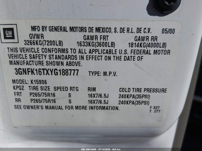 2000 Chevrolet Suburban 1500 Ls VIN: 3GNFK16TXYG188777 Lot: 45615469