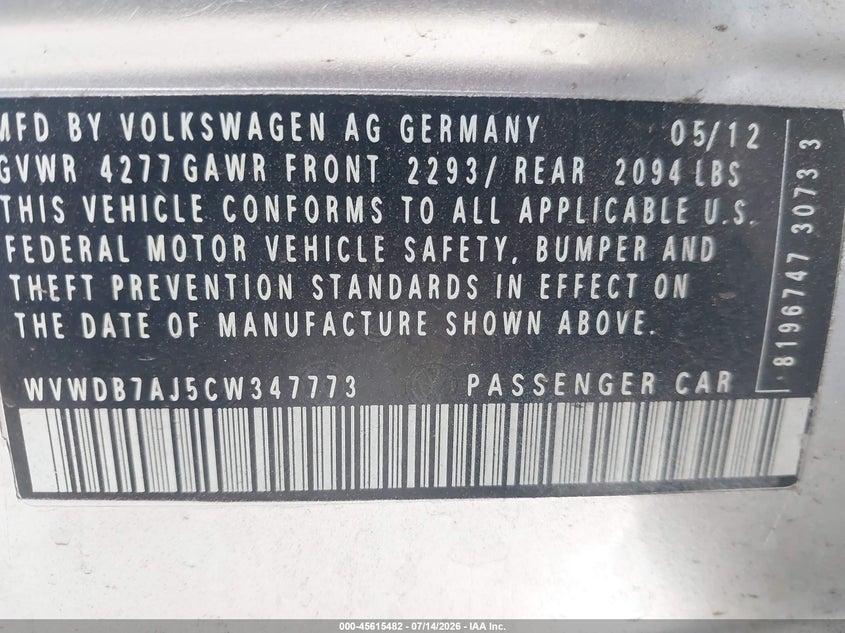 2012 Volkswagen Golf VIN: LOT-1-45615482 Lot: 45615482