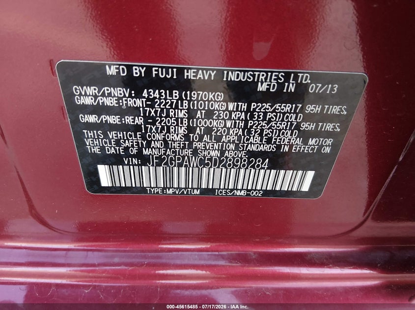 2013 Subaru Xv Crosstrek 2.0I Premium VIN: JF2GPAWC5D2898284 Lot: 45615485