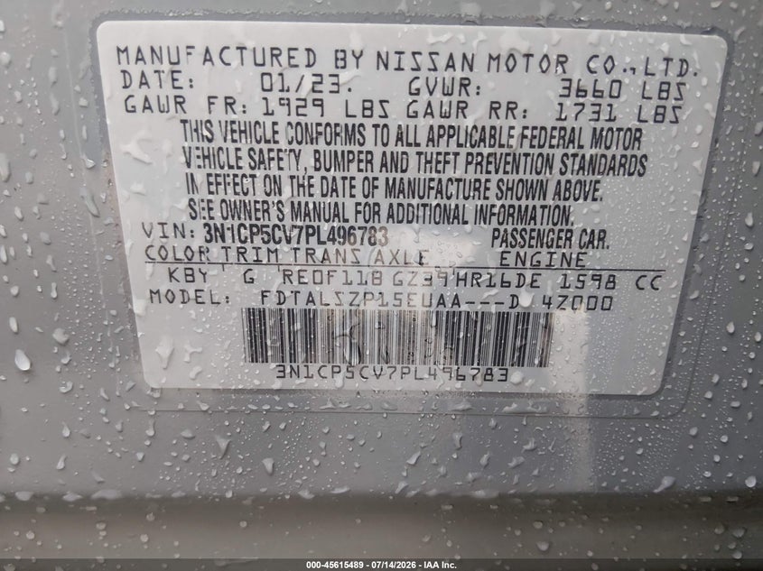 2023 Nissan Kicks Sv Xtronic Cvt VIN: 3N1CP5CV7PL496783 Lot: 45615489