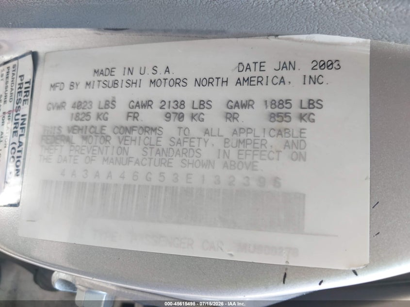 2003 Mitsubishi Galant Es/Ls VIN: 4A3AA46G53E132396 Lot: 45615498