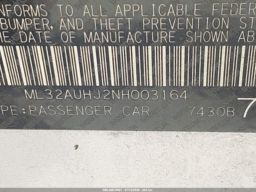 2022 Mitsubishi Mirage Es/Le VIN: ML32AUHJ2NH003164 Lot: 45615501