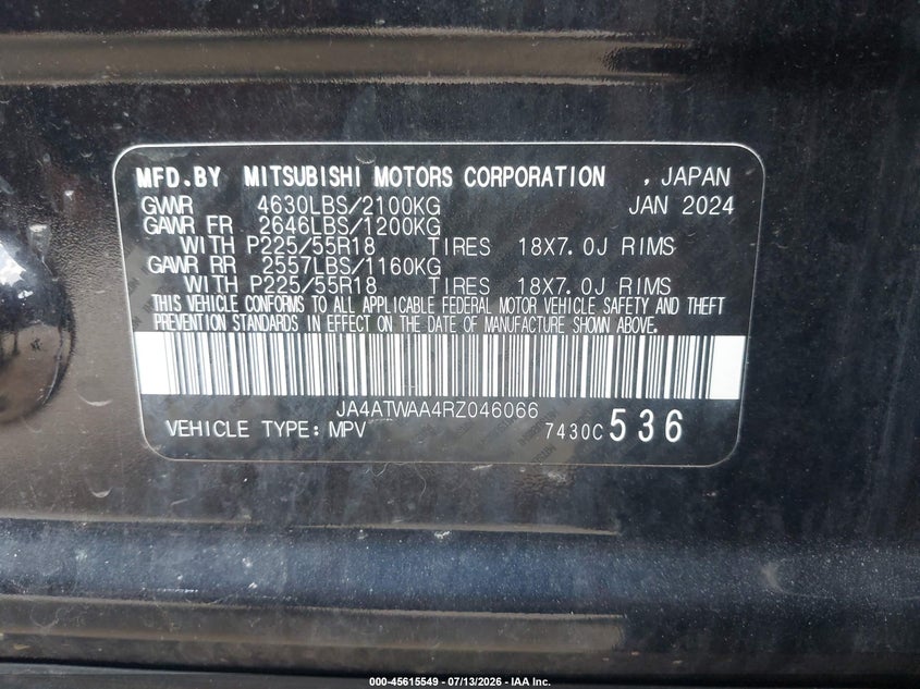 2024 Mitsubishi Eclipse Cross Se S-Awc/Sel S-Awc VIN: JA4ATWAA4RZ046066 Lot: 45615549