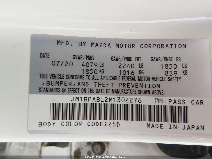 2021 Mazda Mazda3 Select VIN: JM1BPABL2M1302276 Lot: 45615557