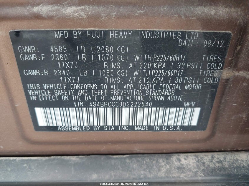 2013 Subaru Outback 2.5I Premium VIN: 4S4BRCCC3D3222540 Lot: 45615562