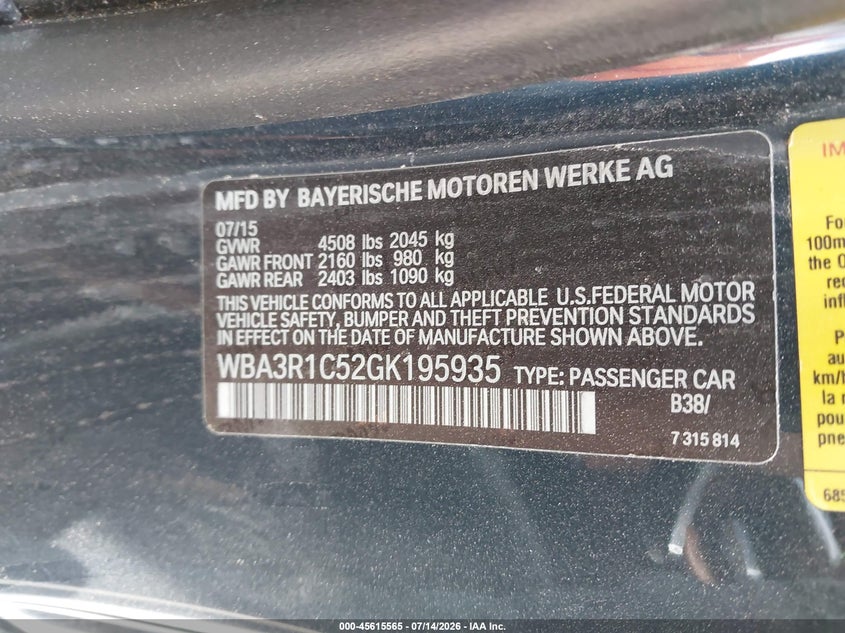 2016 BMW 435I VIN: WBA3R1C52GK195935 Lot: 45615565