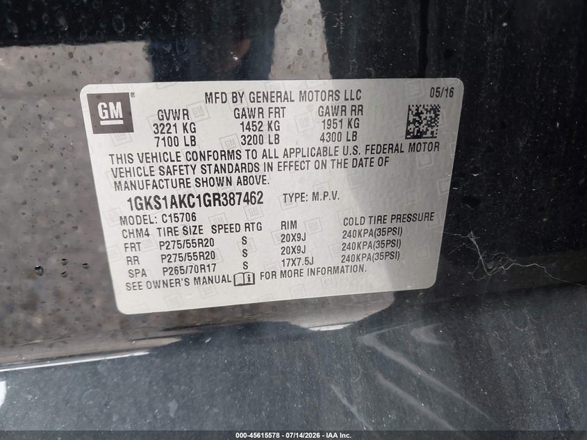 2016 GMC Yukon Sle VIN: 1GKS1AKC1GR387462 Lot: 45615578