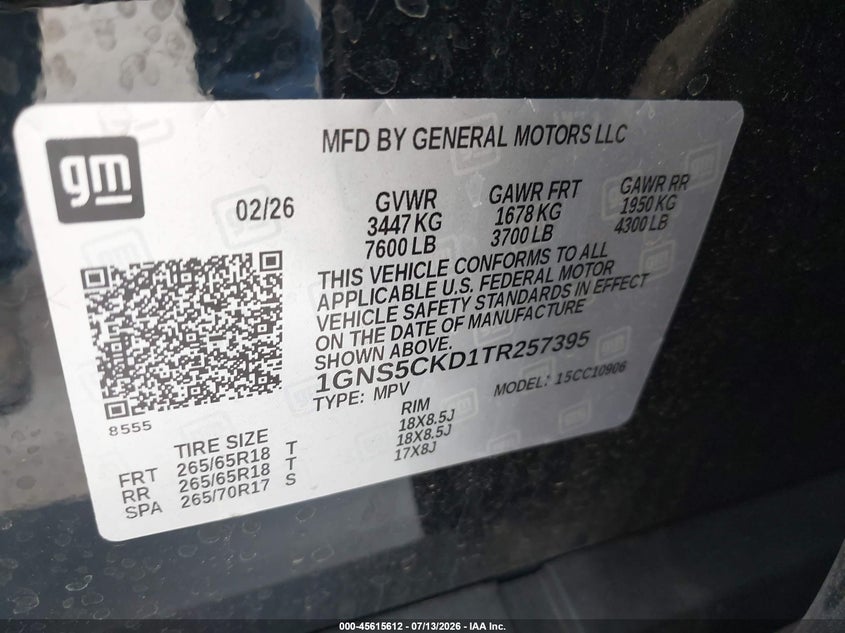 2026 Chevrolet Suburban Lt, Rwd VIN: 1GNS5CKD1TR257395 Lot: 45615612