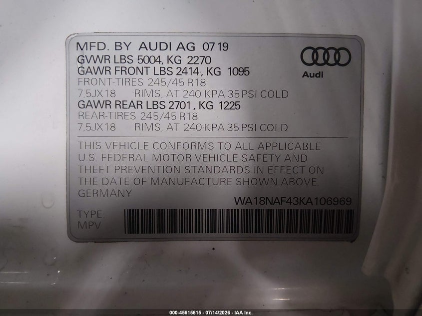 2019 Audi A4 Allroad 45 Premium VIN: WA18NAF43KA106969 Lot: 45615615