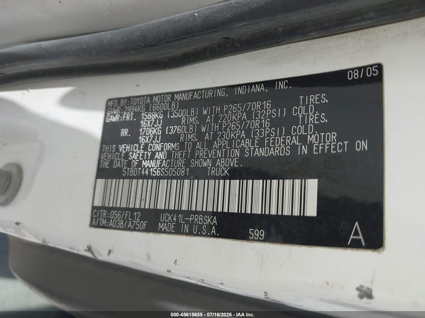 2006 Toyota Tundra Sr5 V8 VIN: 5TBDT44156S505081 Lot: 45615655