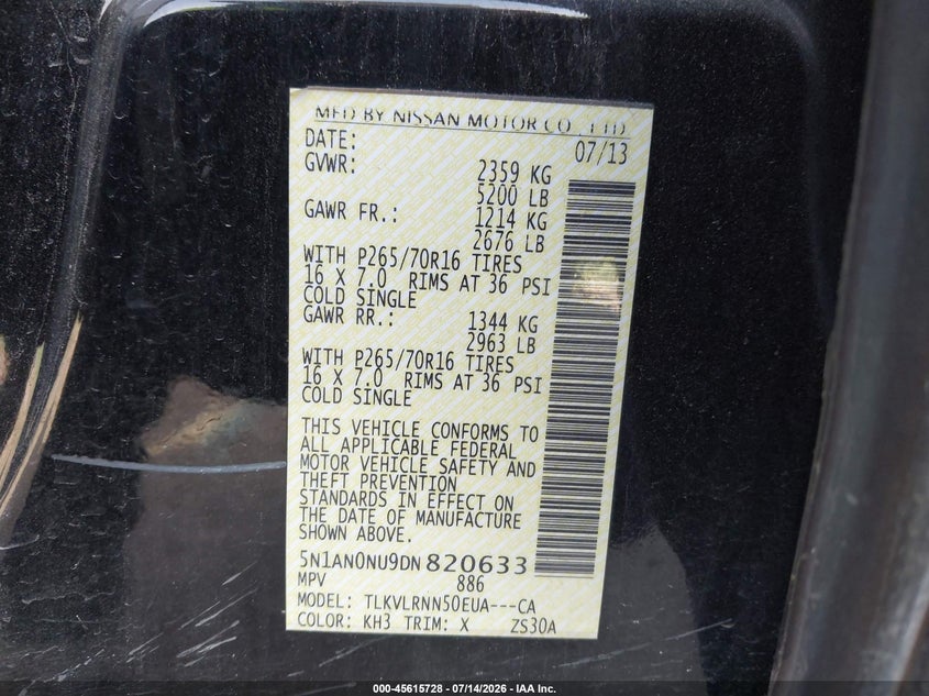 2013 Nissan Xterra S VIN: 5N1AN0NU9DN820633 Lot: 45615728