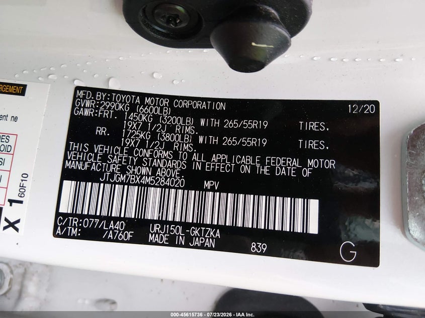 LEXUS GX 460 2021 VIN JTJGM7BX4M5284020