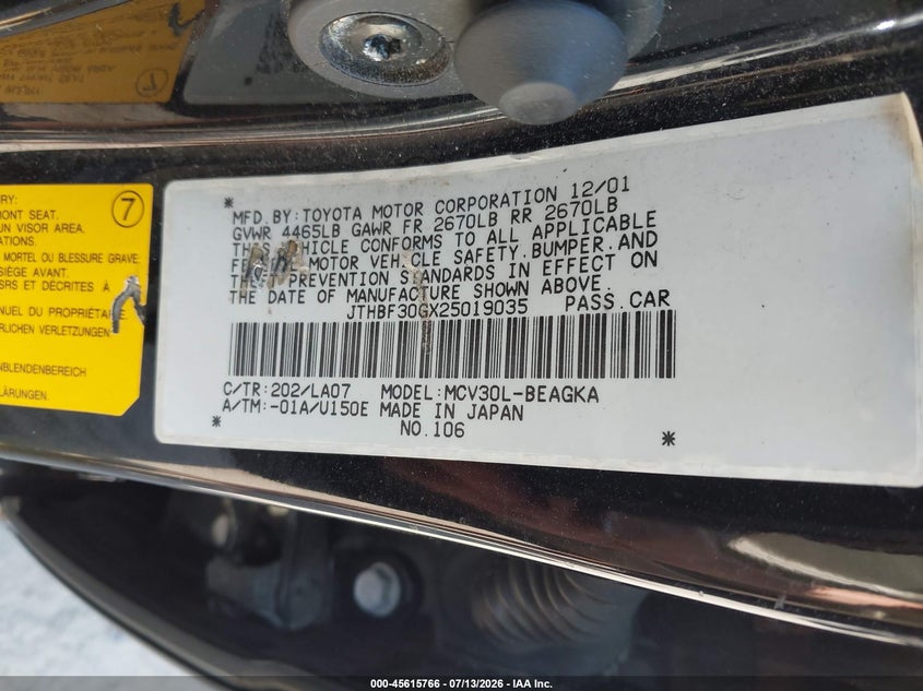LEXUS ES 300 2002 VIN JTHBF30GX25019035