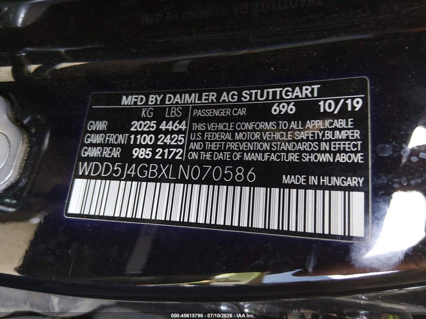 2020 Mercedes-Benz Cla 250 VIN: WDD5J4GBXLN070586 Lot: 45615796