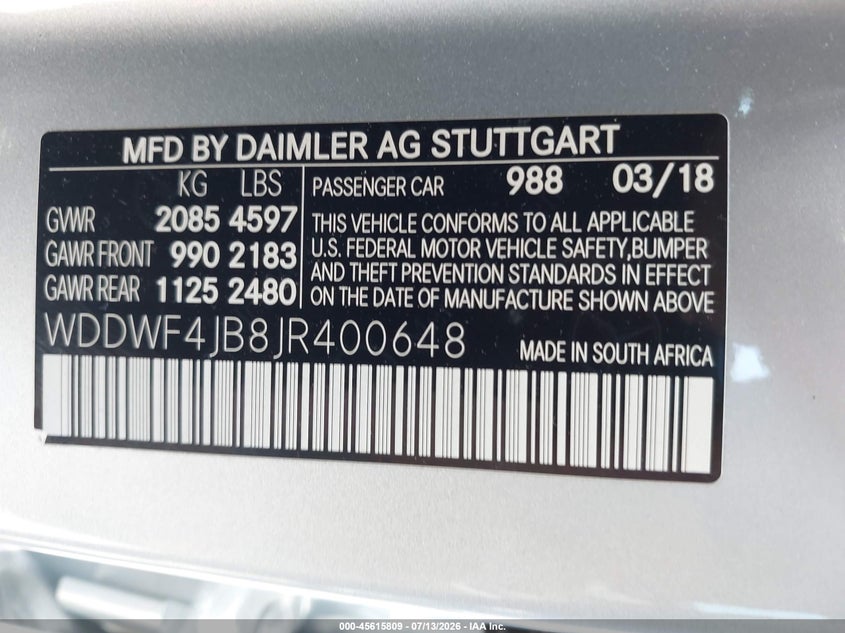 2018 Mercedes-Benz C 300 VIN: WDDWF4JB8JR400648 Lot: 45615809