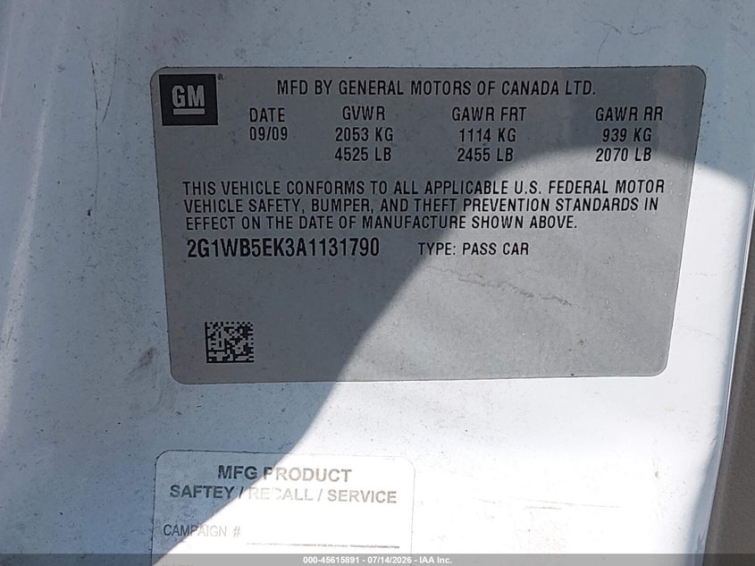 2010 Chevrolet Impala Lt VIN: 2G1WB5EK3A1131790 Lot: 45615891