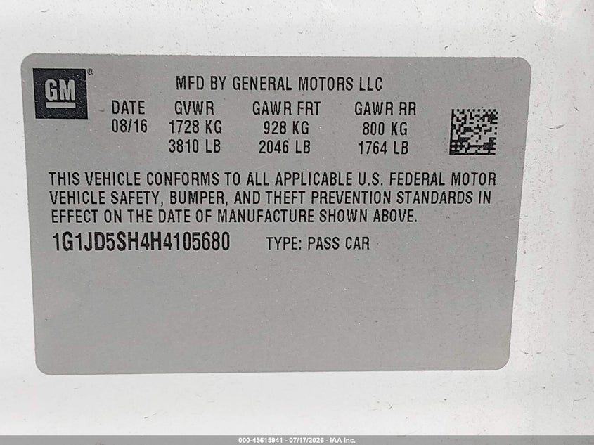 2017 Chevrolet Sonic Lt Auto VIN: 1G1JD5SH4H4105680 Lot: 45615941
