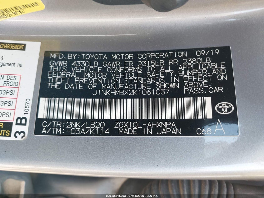 2019 Toyota C-Hr Limited VIN: JTNKHMBX2K1061037 Lot: 45615963