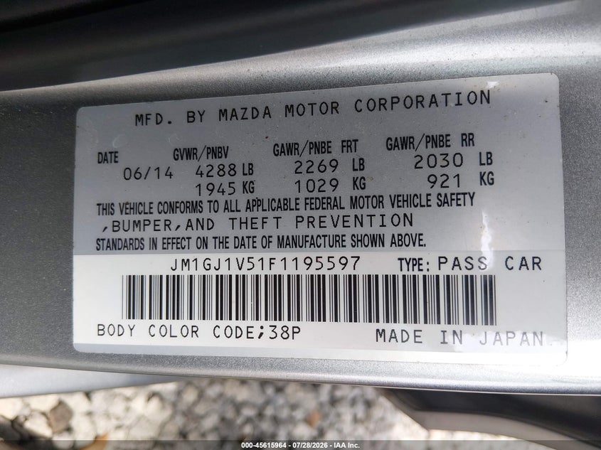 2015 MAZDA 6 SEDAN 2.5L I-4 DI, DOHC, VVT, 184HP