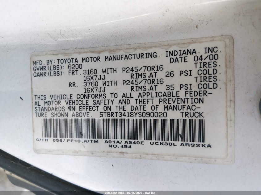 2000 Toyota Tundra Sr5 V8 VIN: 5TBRT3418YS090020 Lot: 45615966