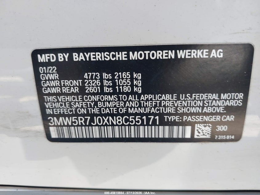 2022 BMW 330I xDrive VIN: 3MW5R7J0XN8C55171 Lot: 45615984