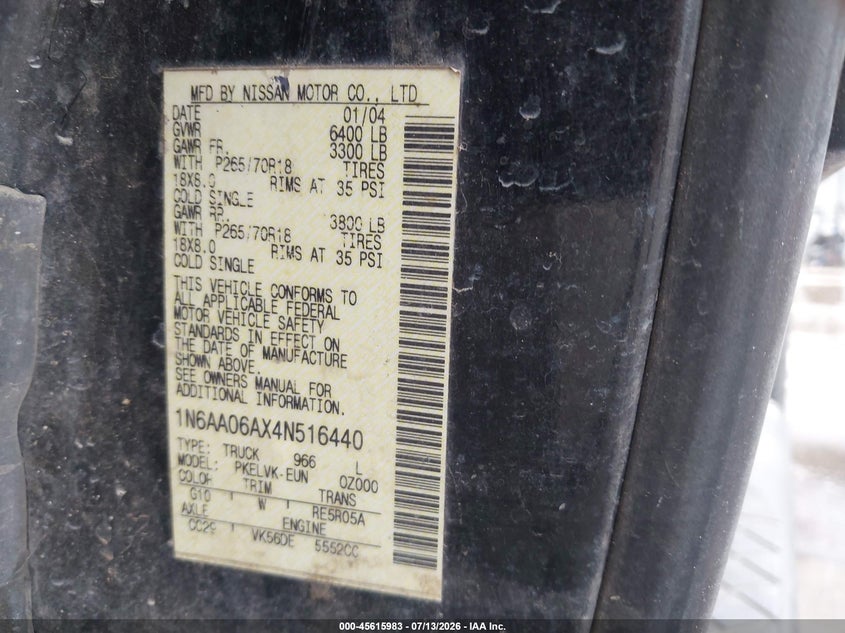 2004 Nissan Titan Le VIN: 1N6AA06AX4N516440 Lot: 45615983