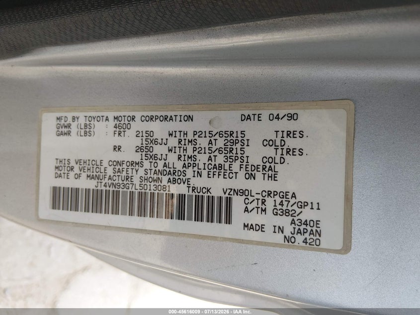 1990 Toyota Pickup 1/2 Ton Ex Long Whlbs Sr5 VIN: JT4VN93G7L5013081 Lot: 45616009