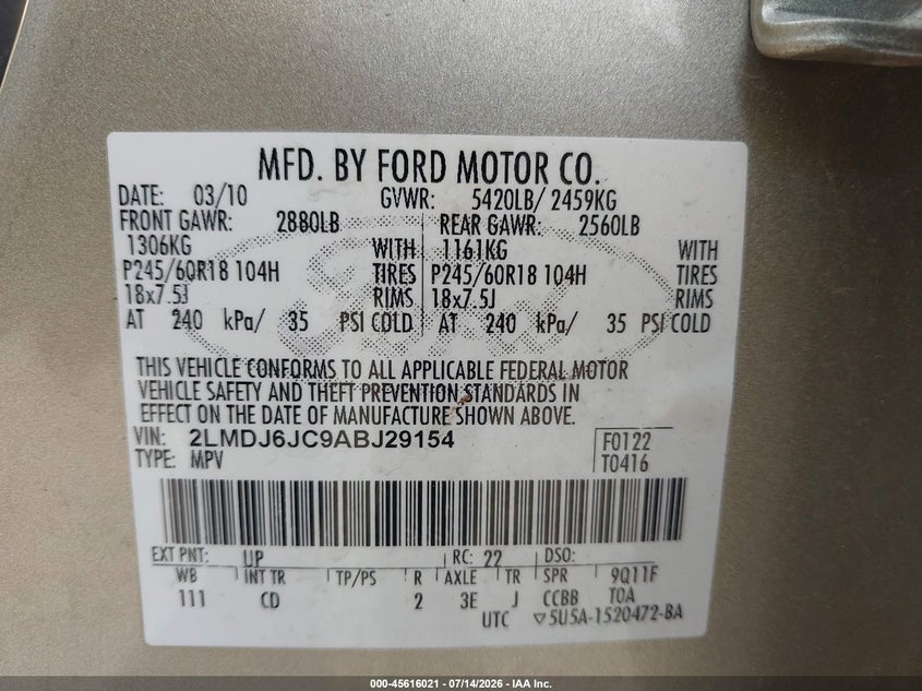 2010 Lincoln Mkx VIN: 2LMDJ6JC9ABJ29154 Lot: 45616021