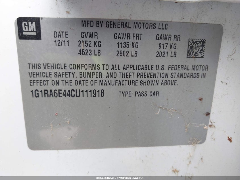 2012 Chevrolet Volt VIN: 1G1RA6E44CU111918 Lot: 45616046